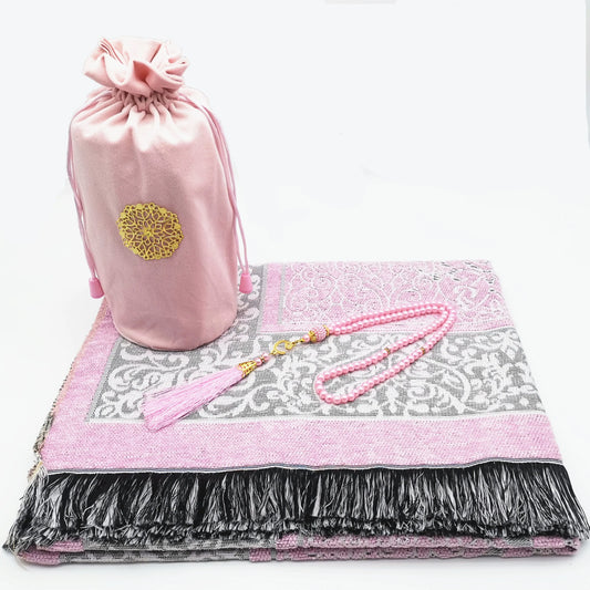 Islamic Prayer Mat With Muslim Beads and Velvet Gift Bag For Women Man